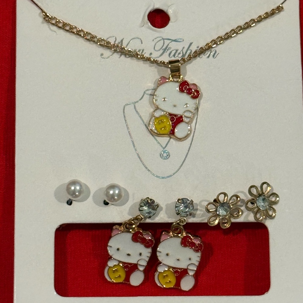 Hello Kitty Gold-Tone Necklace and Earring Set - White, Red, Yellow, Pink